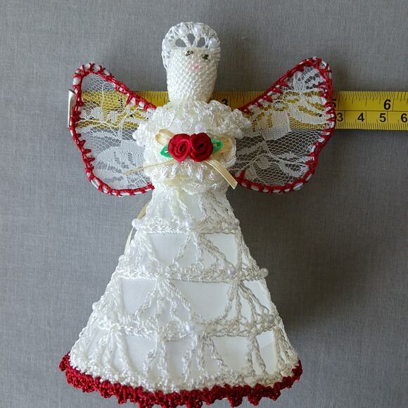 Lace Angel Tree Topper Ornament 6.5" tall handmade crochet beadwork roses - Picture 8 of 8